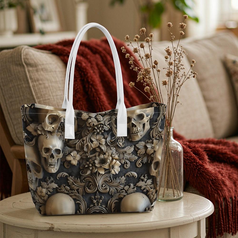 Gothic Skull Floral Pattern Shoulder Bag Large Capacity Daily Tote