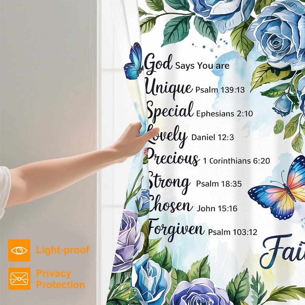 Bible Verse Inspirational Quote Shower Curtain,Blue Floral Christian Bathroom Shower Curtains Bathtub Home Decor Waterproof Fabr