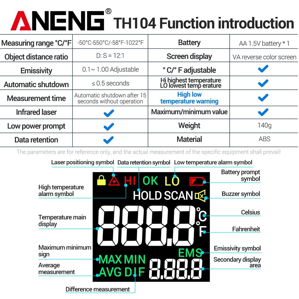 New High Precision ANENG TH104 Infrared Thermometer -50℃~550℃ Ratio VA Reverse Screen High Low Temp Alarm Laser Data Hold Temperature Measuring Gun
