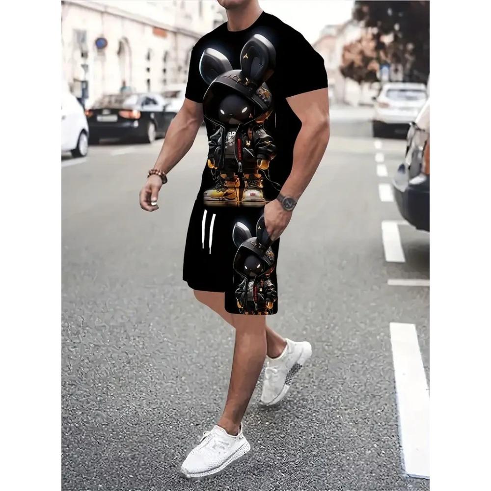 Summer Men Hip Hop Style Printed Men's Crew Neck T-shirt Shorts Set  Fashionable Cartoon Print Street Casual Everything