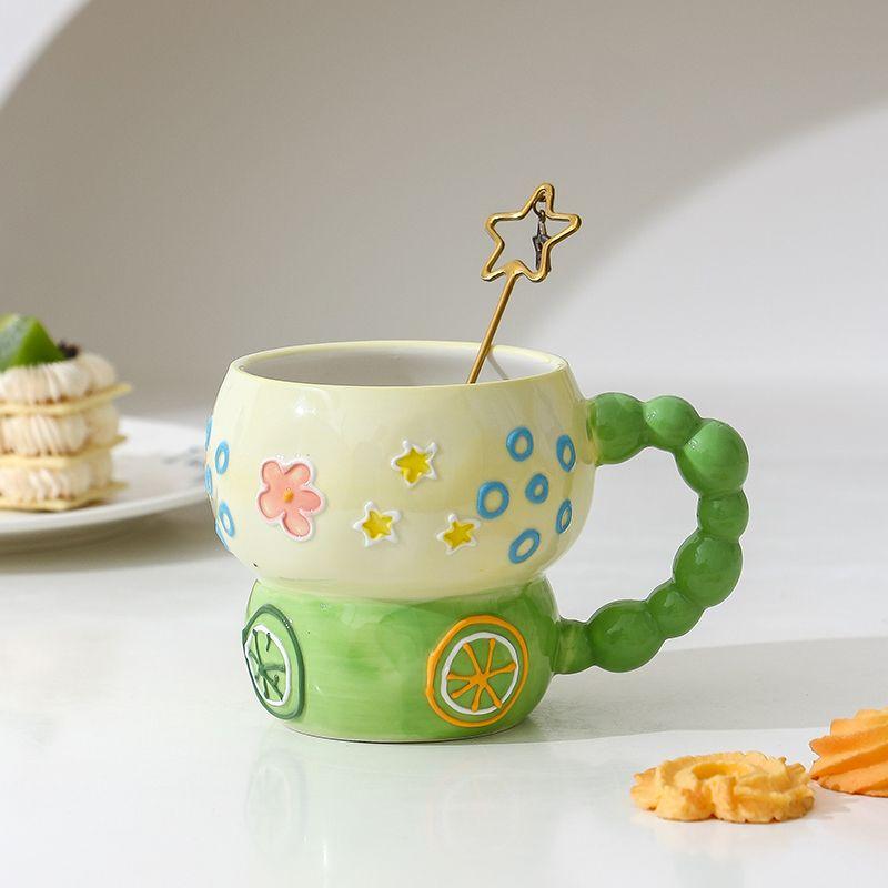 Hand-painted Relief Gourd Ceramic Cup Aesthetic Value, Breakfast Large Capacity, Cute Oatmeal Mug, Home Drinking Wate Drinkware