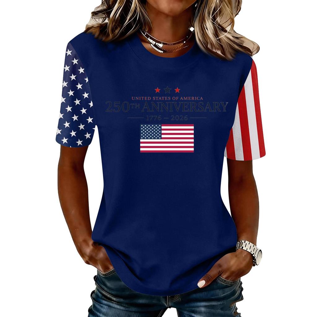 Blusa Feminina da Moda Casual de Manga Curta com Estampa e Gola Redonda