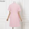ZANZEA Women Casual Turn Down Collar Loose Short Sleeve Elegant Ruffles Dress