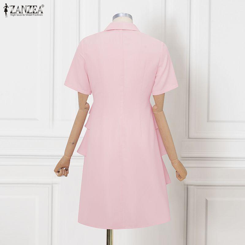 ZANZEA Women Casual Turn Down Collar Loose Short Sleeve Elegant Ruffles Dress