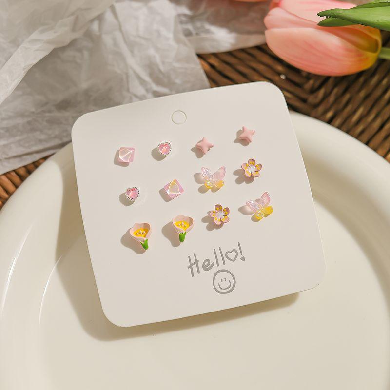 

Dopamine Series Earrings Student Small Personality Sterling Silver Needle Earrings New Arrival Sweet Cute Combination Suit Earrings [12-piece set] soft dream pink butterfly