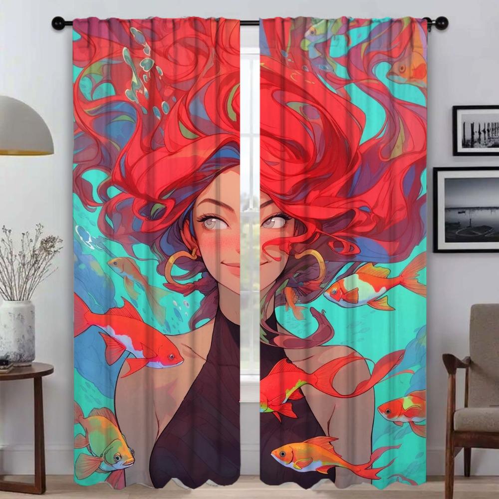 Girl Mermaid Series Blackout Curtains for Living Room Tulle for Bedroom Home Interior Curtains 2 Pieces Shades Partition Curtain