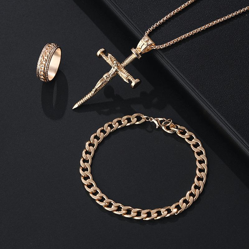 3Pcs Set Men'S Stainless Steel Metal Cross Pendant Chain Necklace Bracelet Ring Jewelry Set Male Hip Hop Daily Wear Accessories