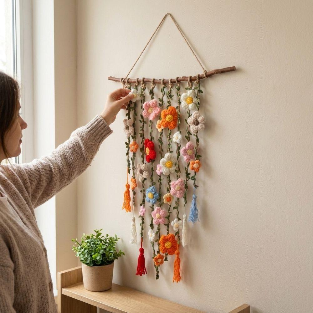 Natural Wooden Branch Flower Vine Tassel Ornament Hand Knit Flower Tapestry Living Room