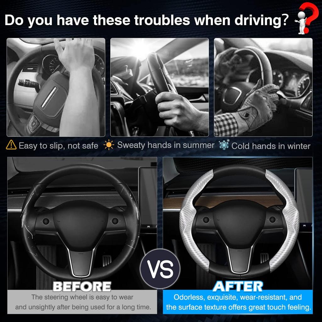 Silver Steering Wheel Cover For Tesla Model 3/Y 2016-2025 2026 Juniper/Highland | Non-Slip, Segmented, -Fit, Carbon Fiber | Model Y Juniper