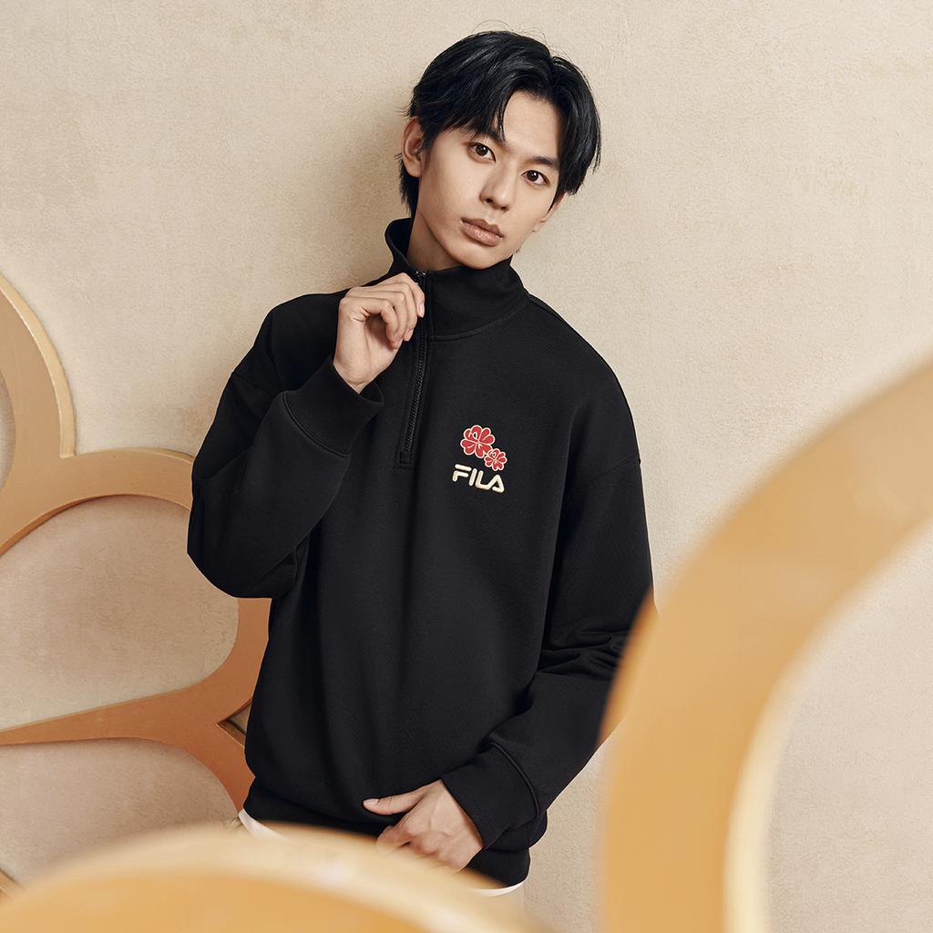 FILA Original Peony Half-Zip Classic Retro Minimalist Casual Comfortable Sweatshirt Unisex sweatshirt Black F51U619204FBK