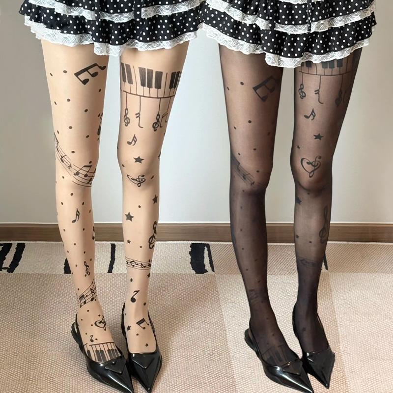 Módní Punčochové Kalhoty s Potiskem Hudebních Not Dámské Sladké Cool Tenké Vysoce Pružné Ponožky Lolita Jk Punčochy Punčochové Zboží Punčochy na Hudební Festival