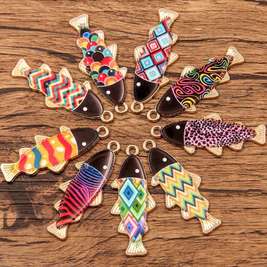 9-Color Small Fish Pendant, 14x35mm Alloy Charm, KC Gold Enamel Sea Animal Accessory