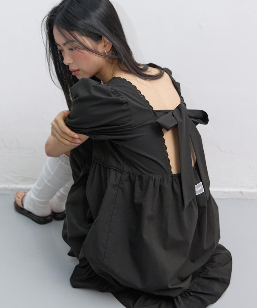 Michikoleondeonkosino Puff Sleeve Ribbon Mini Dress Black