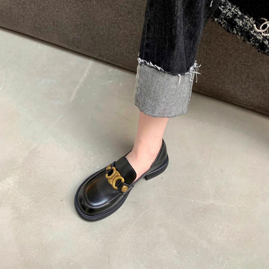 Spring and autumn new small gold buckle round head thick sole middle heel one pedal loafer single shoes women's genuine leather flat shoes sm