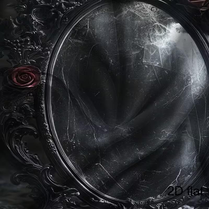 2D Spooky Gothic Backdrop, Cracked Black Mirror with Red Roses & Dark Mist Background Cloth