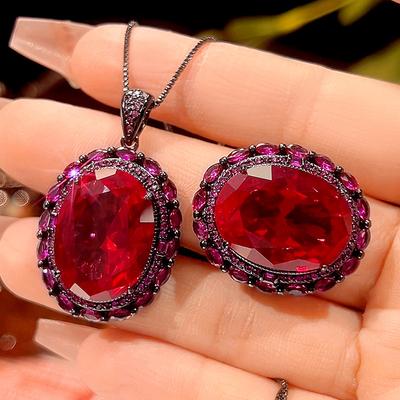 Autumn And Winter Jewelry Copper Bottom Gold Plating Simulation Red Corundum Black Gold Retro Temperament Set 15 * 20