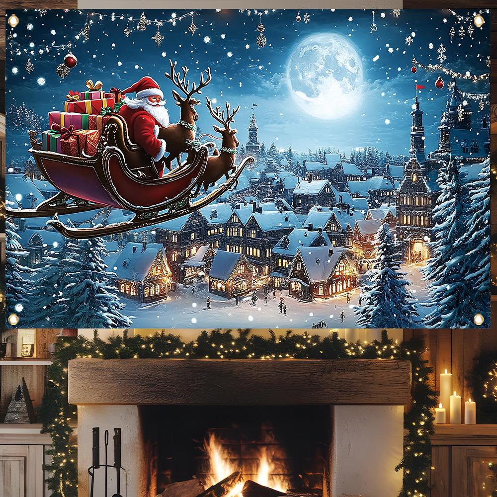 Bannière plate 2D 1 pièce Thème de Noël Ciel nocturne bleu Motif Père Noël Décoration murale pour la fête d'hiver du Nouvel An