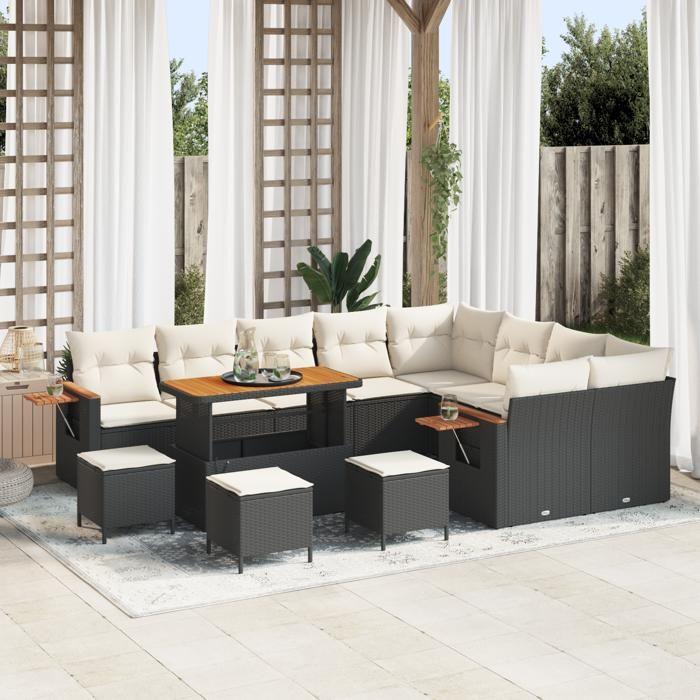 Ensemble de canapés de jardin 13 pièces noir avec coussins poly rattan acacia, Ensemble de salle à manger 4 pièces de jardin 3365170