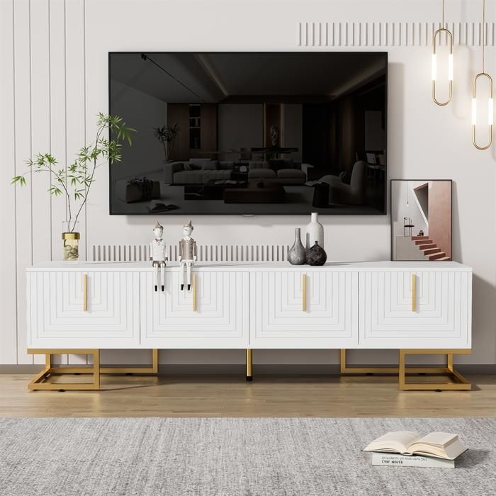 Meuble TV Elégant, Armoire Télé avec 4 Portes, Poignées et Pieds Dorés, Contemporain, Blanc, 170x40x45cm