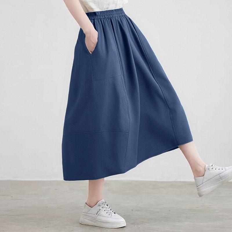 ZANZEA Womens Summer Casual Elastic Waist Solid Color Loose Skirts