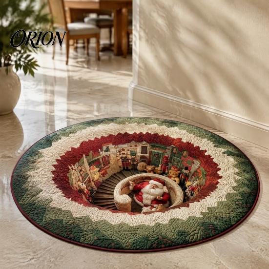 Retro Style Floor Pad Christmas Round Area Rug, 3D Optical Illusion Carpet, Stain & Wear Visual Rug Resistant Throw for Living Room Sofa Bedroom