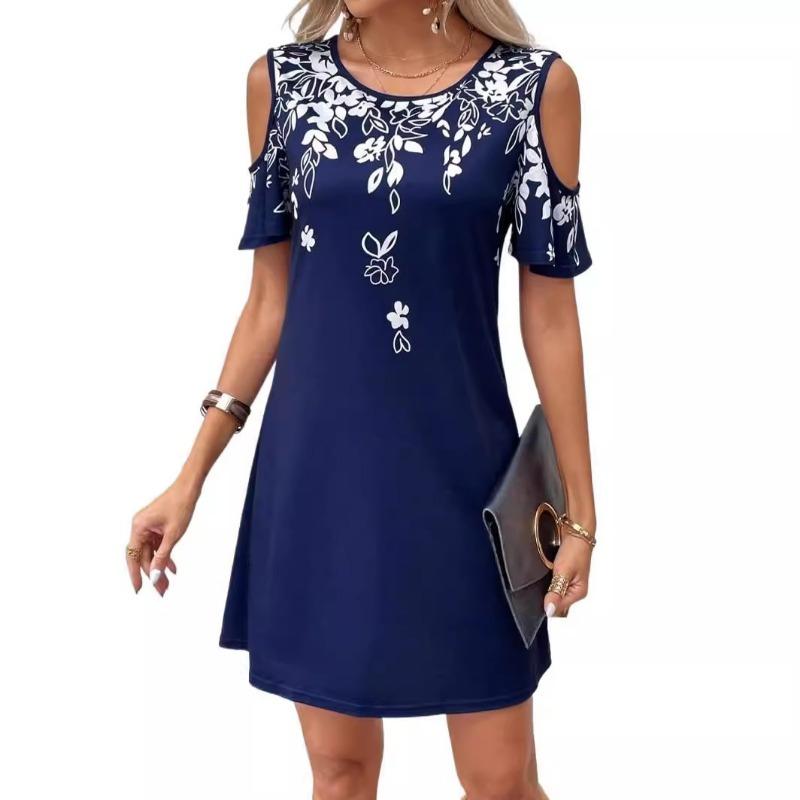 Women Fashion Printed Off Shoulder U Neck Short Sleeve Midi Casual Dress