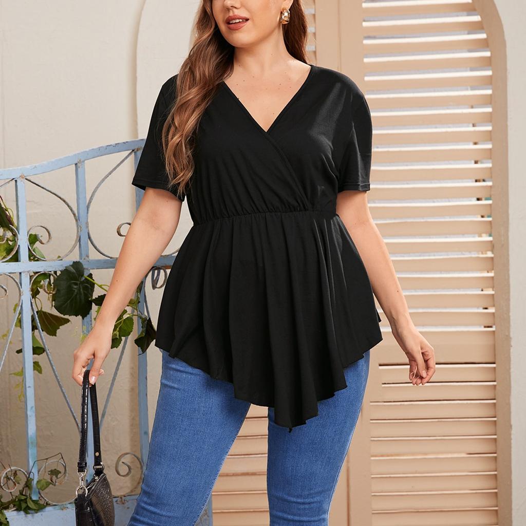 Top Casual da Donna Colorati con Scollo a V, Manica Corta Pieghettata, Taglie Forti