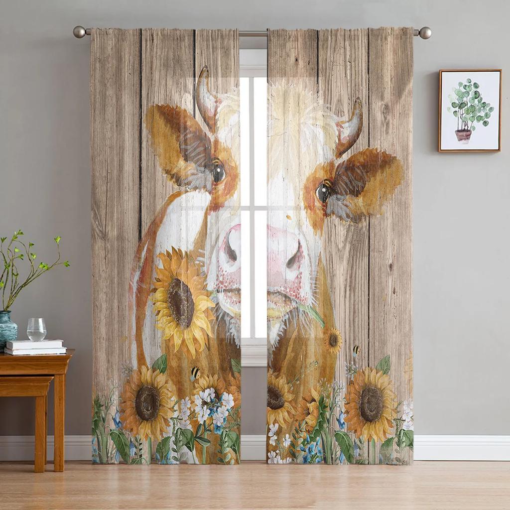 Summer Cactus Cow Skull Retro Chiffon Curtains Living Room Bedroom Home Decoration Window Voiles Tulle Curtain Sheer Made Of Polyester Area Decor