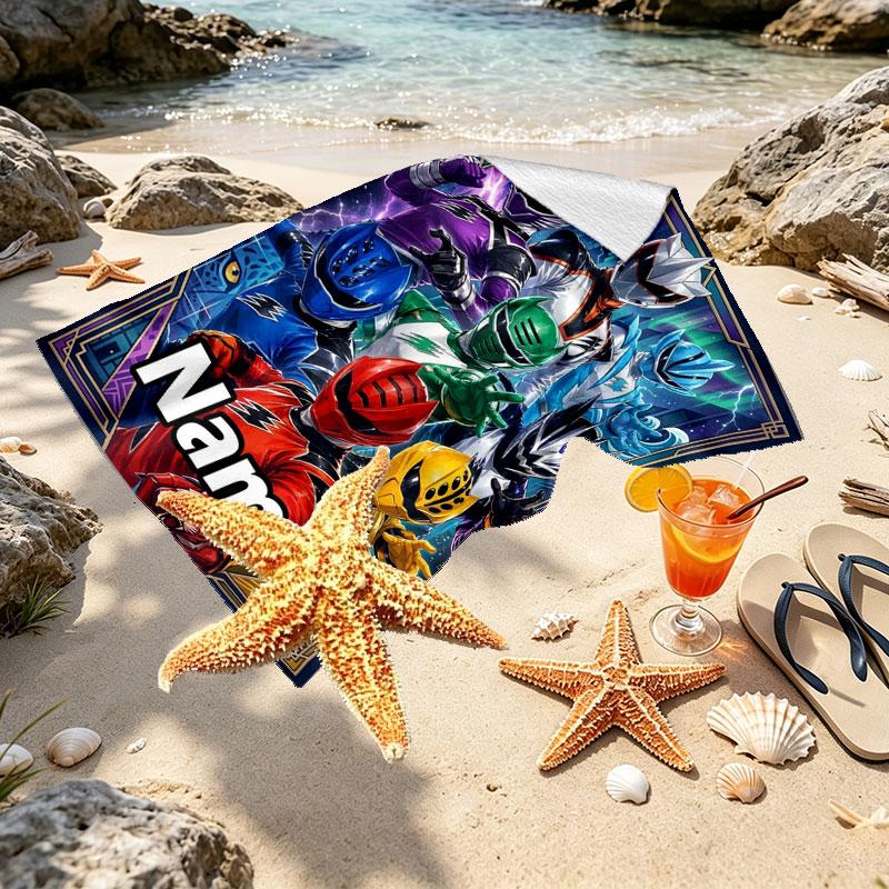 Custom Name Personalized Power Rangers Print Beach Towel, for Trip Camping Beach Party Home Decor, Birthday Gift for Family & Friends