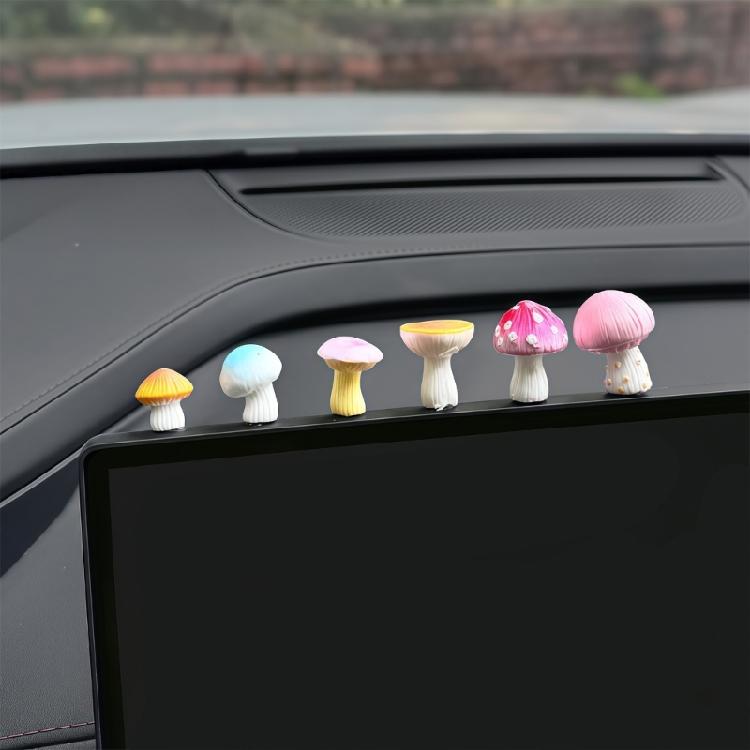 Set of 6 Cute Small Mushroom Resin Figurines Car Interior Decors For Dashboard Rearview Mirror Or Window Decoration