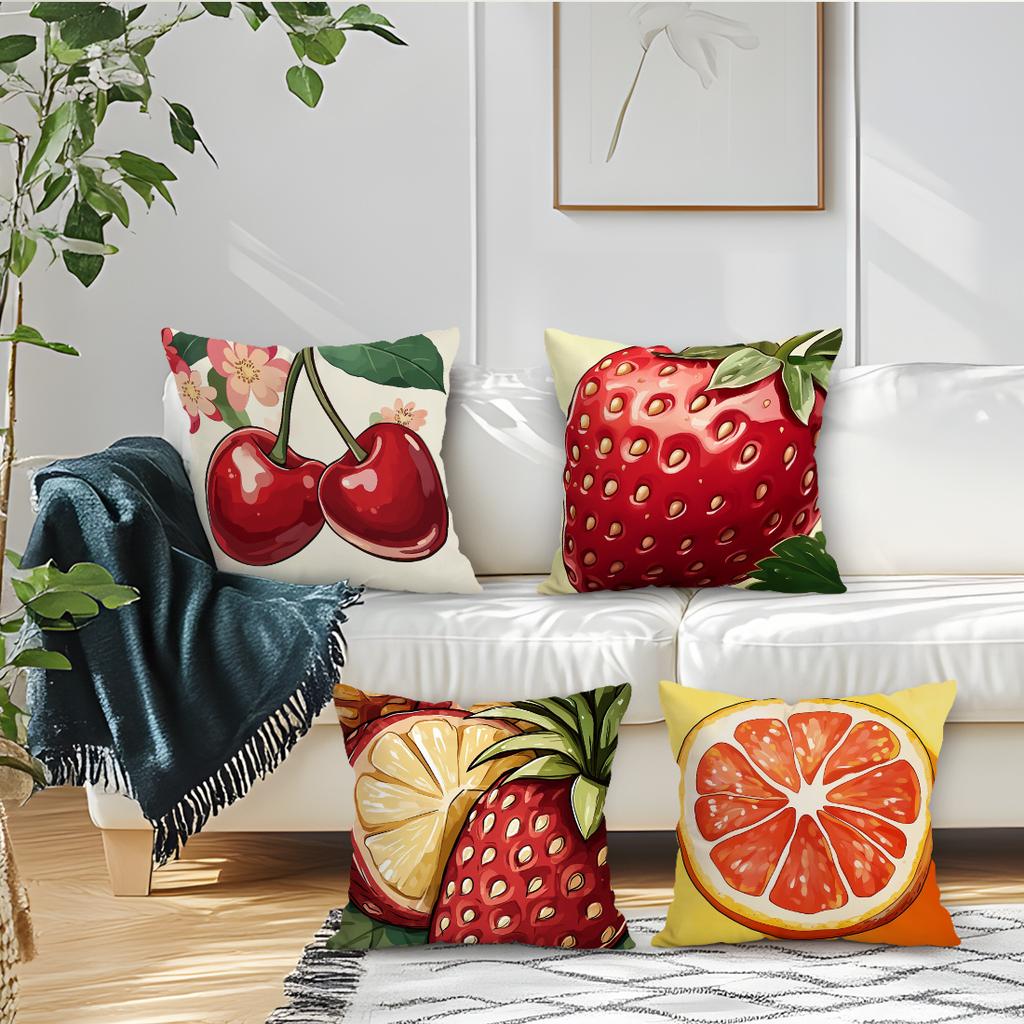 Watercolor-style Cherry and Strawberry Printing Pillow Cover Short Plush Suitable Living Room Bedrooms Sofas Throw Cushion Cover