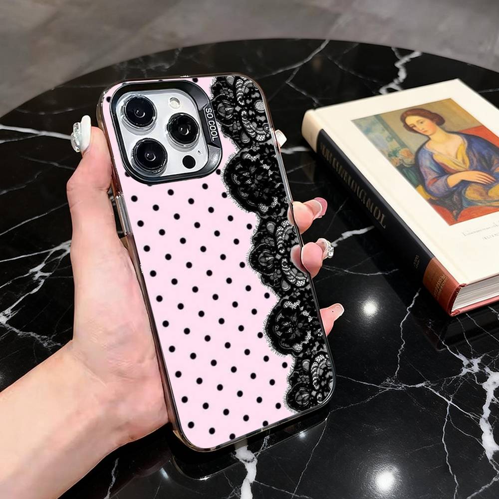 L-Кружевной горошек Красота Чехол для телефона Для iPhone 17,16,15,14,13,12,11 Plus,Pro Max,XS,Цветной Серебристый Чехол для телефона Funda Cover iPhone15