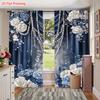 2PCS Digital Printed Curtains, Blue White Rose Floral Elegant Classic, Rod Pocket Window Drapes for Living Room Bedroom Decor