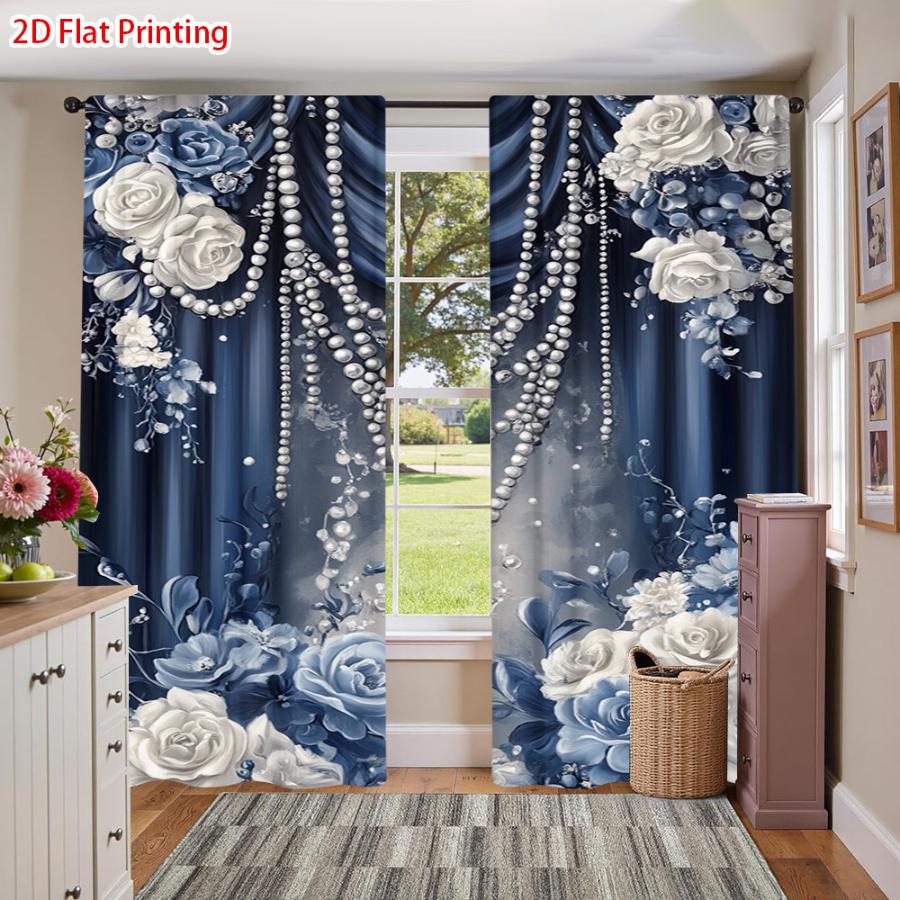 2PCS Digital Printed Curtains, Blue White Rose Floral Elegant Classic, Rod Pocket Window Drapes for Living Room Bedroom Decor