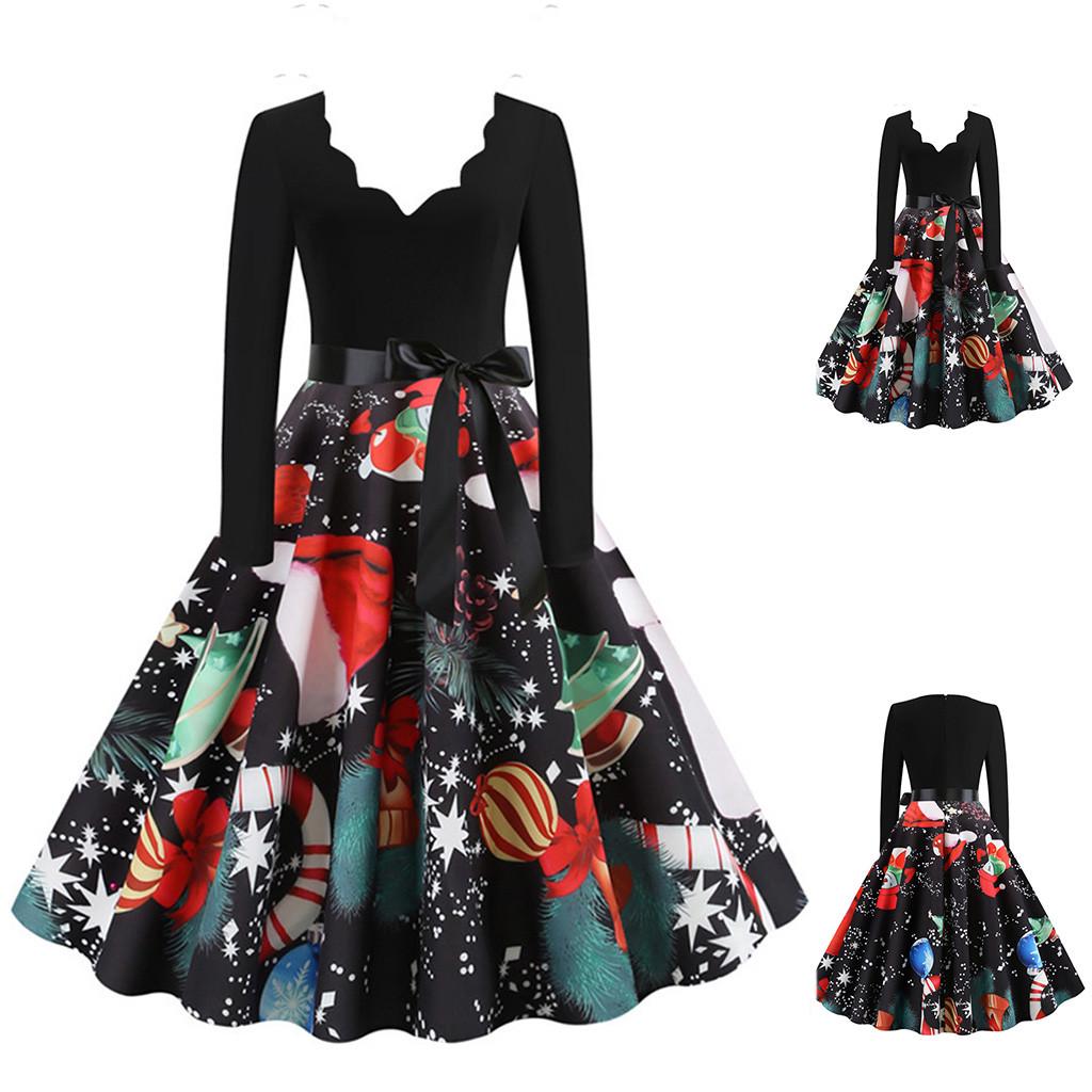 

Женщины с длинным рукавом Рождественские музыкальные ноты с принтом Vintage Flare Dress