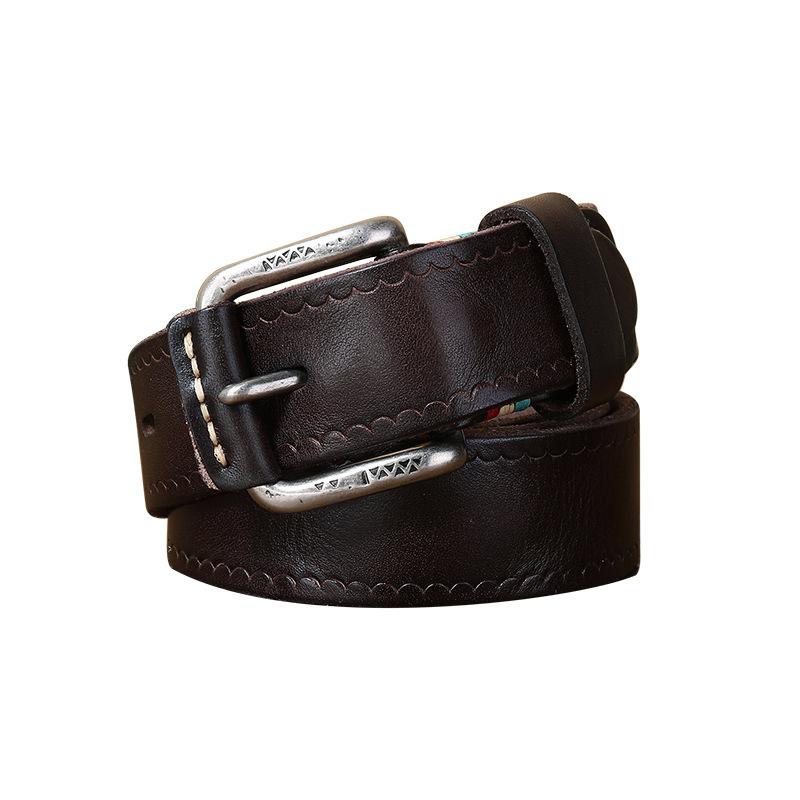 Retro Fashion Trend Personalized Engraved Pin Buckle Belt Men'S Genuine Leather First Layer Cowhide Youth Casual Versatile Belt