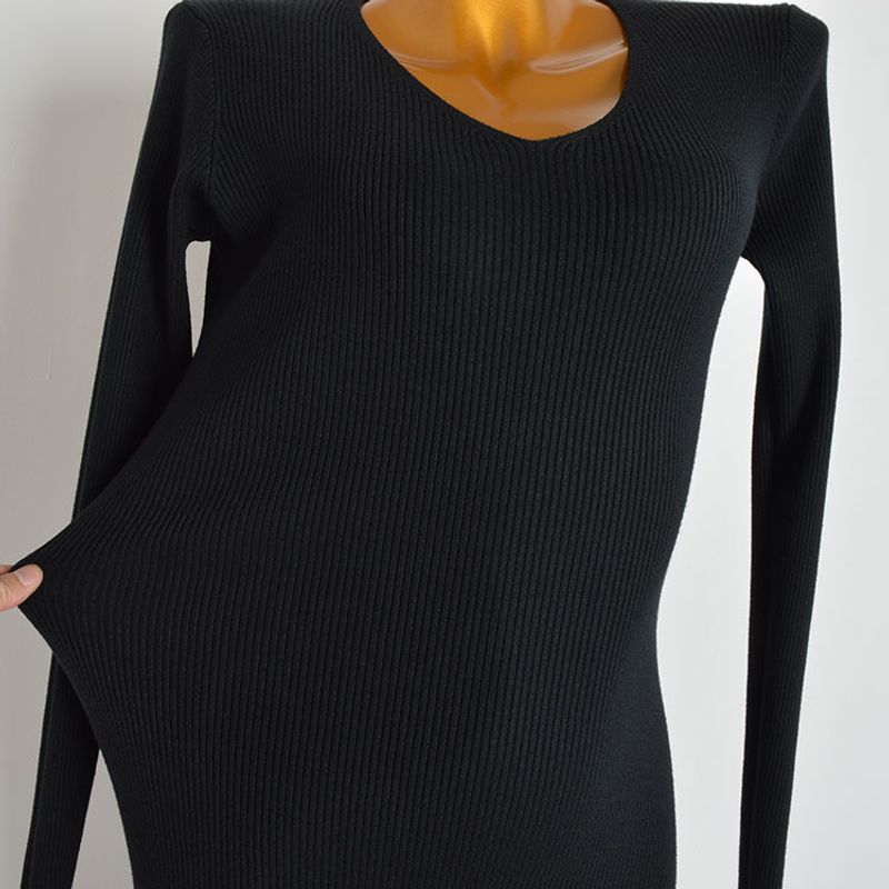Fall and Winter New Arrival Black V-neck Long Sleeve Knitting Dress Female Silm Slim Looking Stretchy Underwear Mid Length Long Length Bodycon Dress