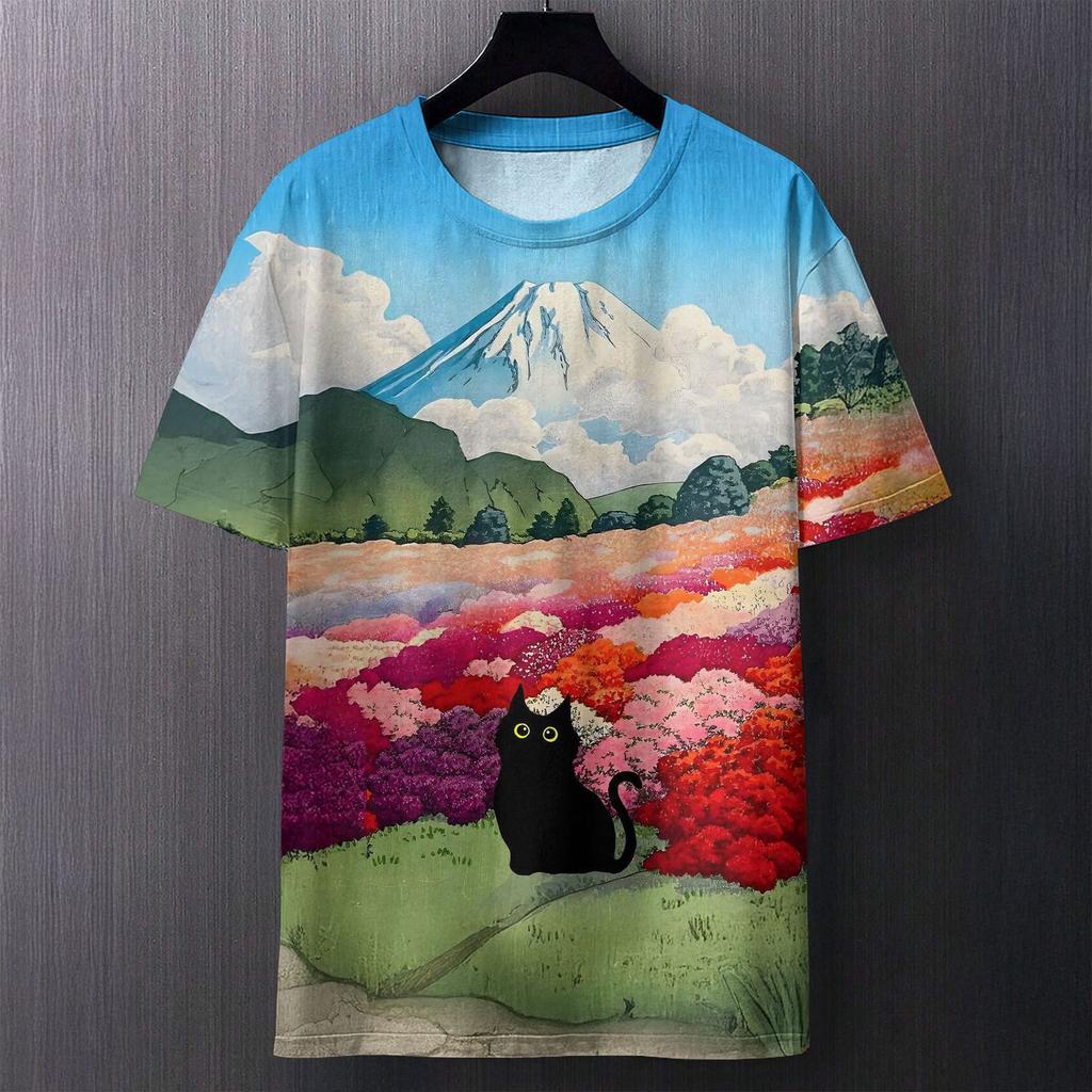 Summer Round Neck Artistic Cat and Floral Pattern 3D Print Top Fashionable Casual Short Sleeved Men's T-shirts