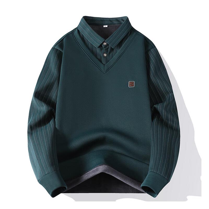 Men's Winter Striped Mock Shirt Collar Fleece Sweater