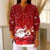 Women's Fashionable Button Collar Long-sleeved Christmas Print Pullover Top