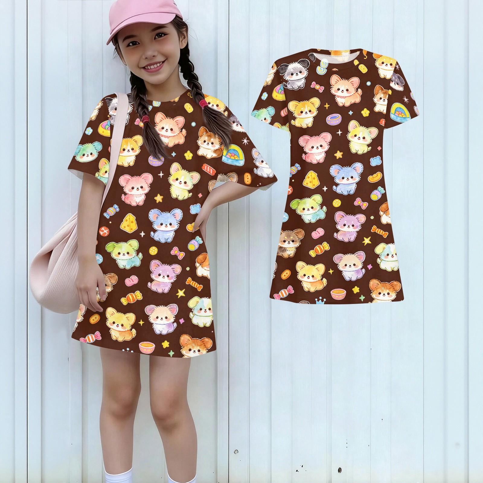 

Girls Loose Fit Short Sleeve Dress Lightweight Round Neck Casual Dress with Animal Print Pattern for Kids Summer Wear 130 коричневый
