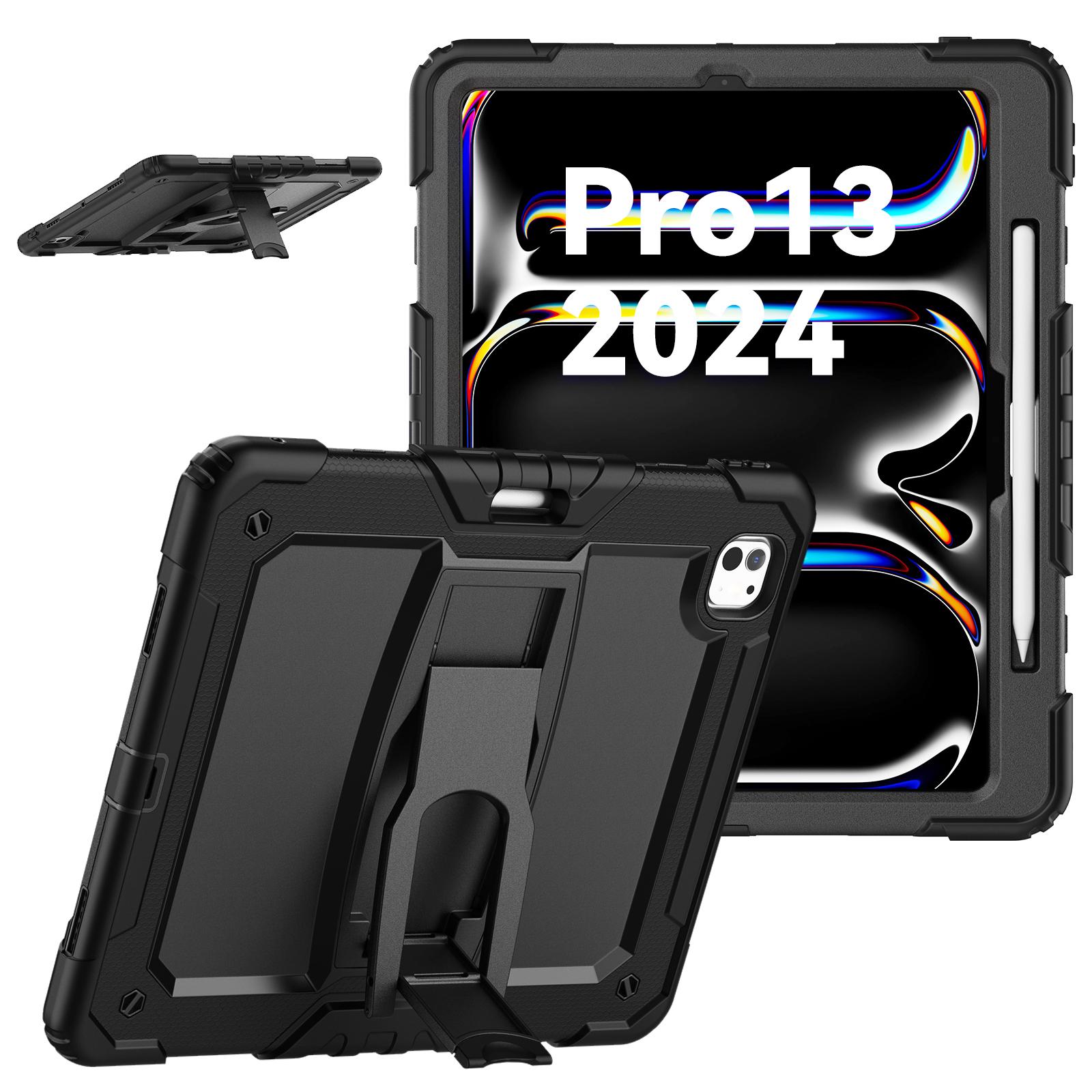 

For iPad Pro 13 (2024) Kickstand Case PC+Silicone Tablet Cover with Pen Slot/Shoulder Strap Black