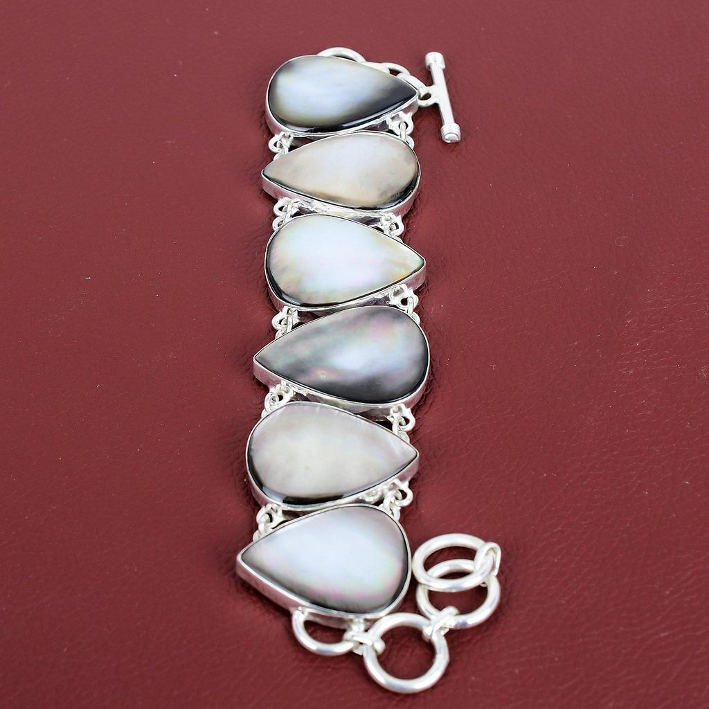 Black mother of pearl bracelet 925 sterling silver bracelet adjustable chain gemstone bracelet silver jewelry handmade bracelet gift for mom