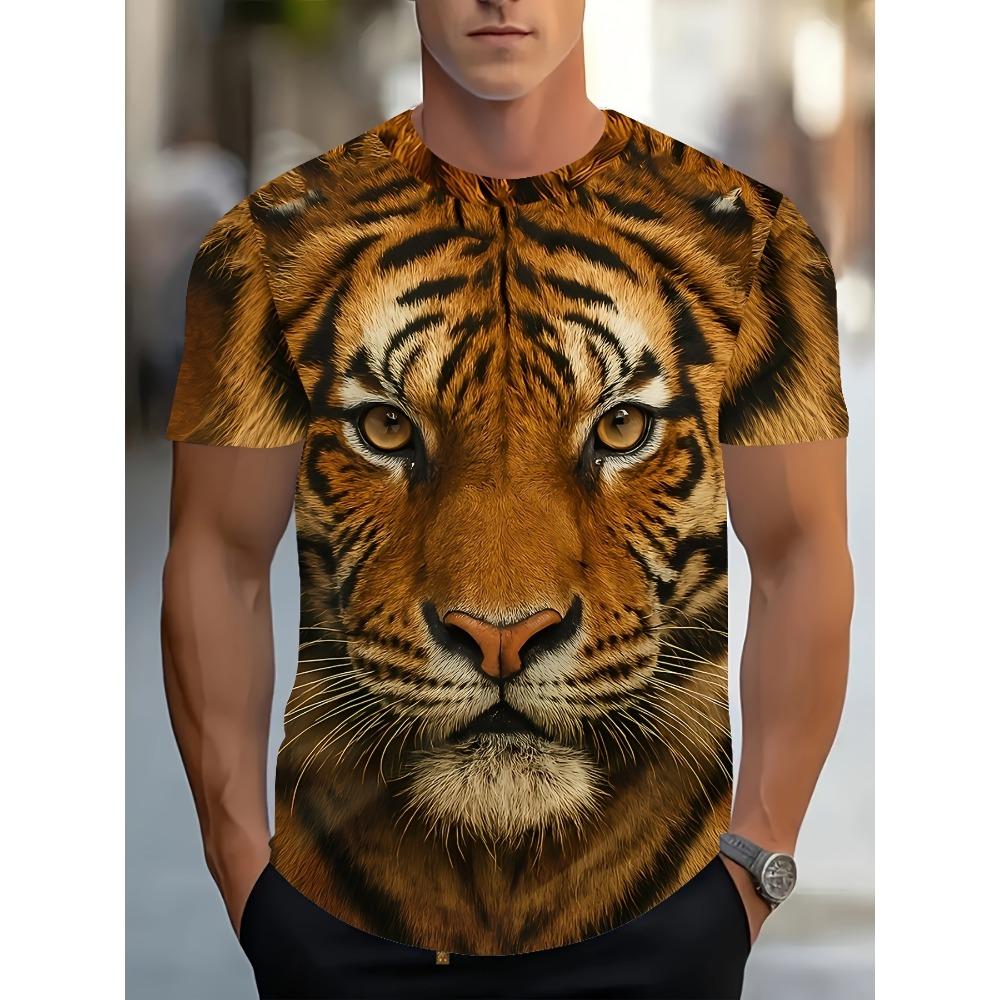 2026 Mens 3D Tiger Printed Short Sleeve Crew Neck T-Shirt Breathable Stretch Casual Fashion Tee Outdoor Party Weekend Wear Tops