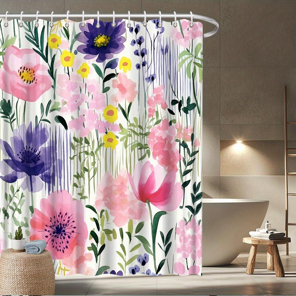 

Watercolor Floral Shower Curtain – Soft Pink & Lavender Poppies, Sunny Yellow Blooms, Verdant Stems On Cream, Waterproof W60H190(CM)-1 Pcs