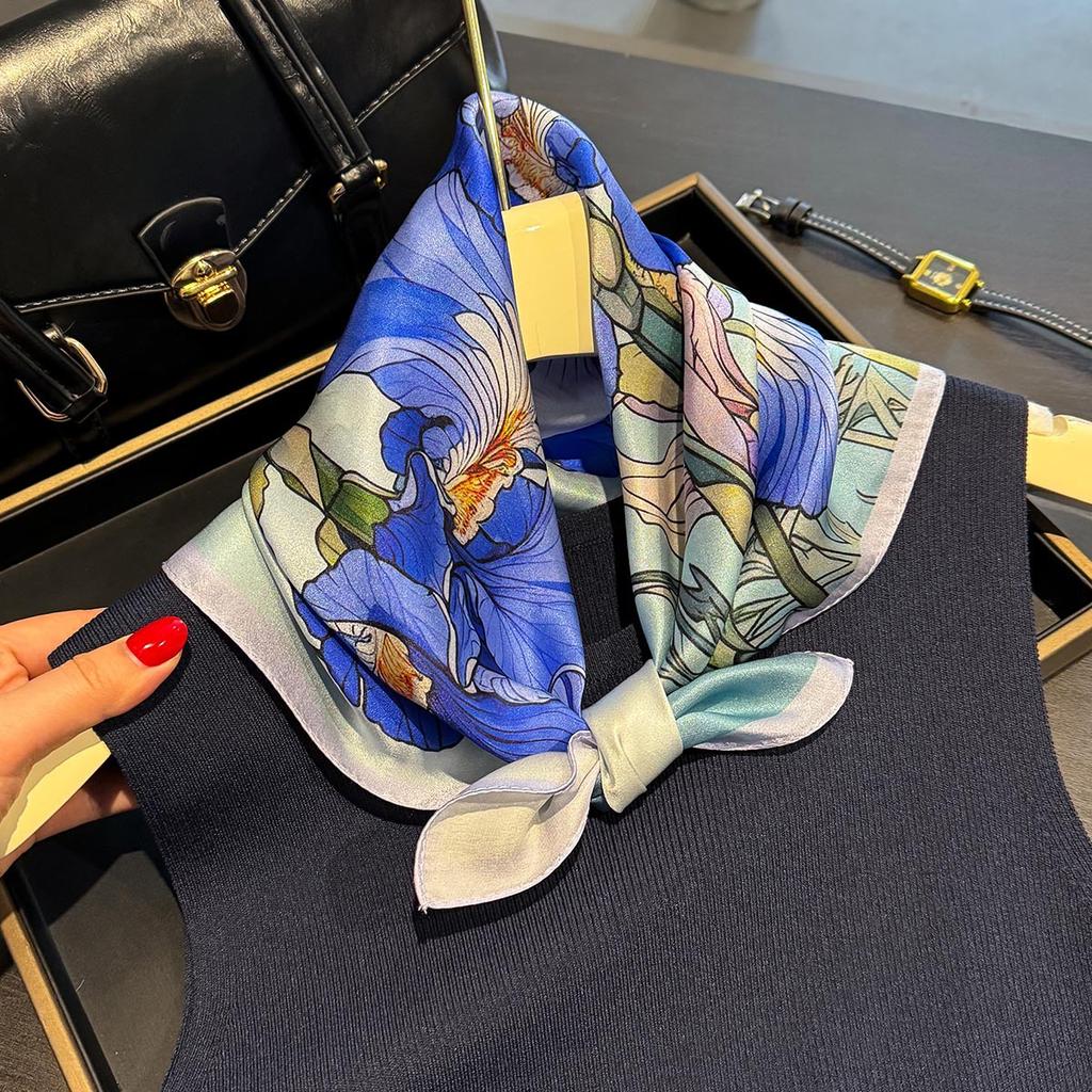 New Hangzhou Silk Scarf for Women Fashion Floral Print 100% Silk Lightweight 53CM Square Scarf Bags Scarfs Festival Gift