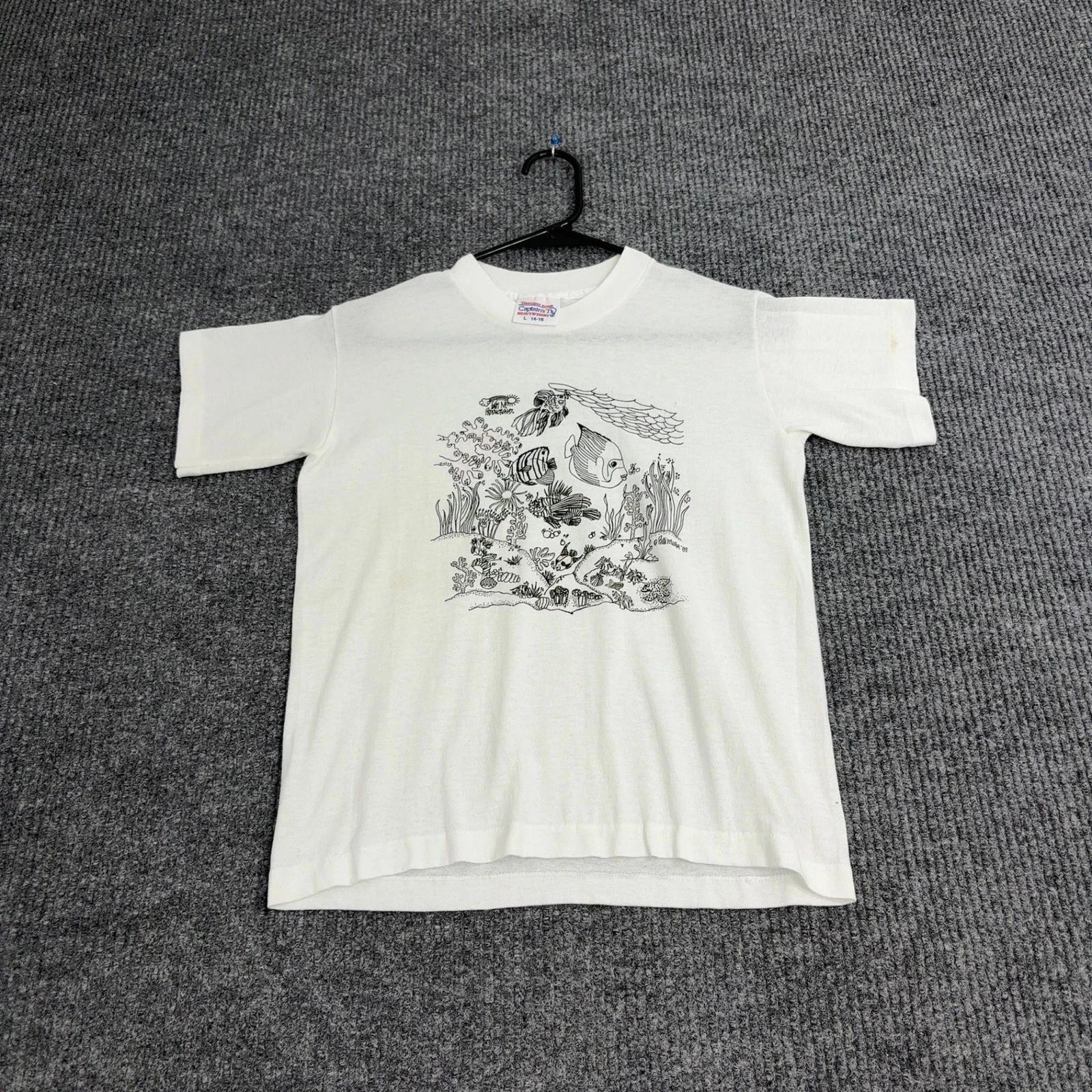 

VTG Cotton Fish Graphic 90s Tennessee River T Shirt Kids L White Single Stitch L