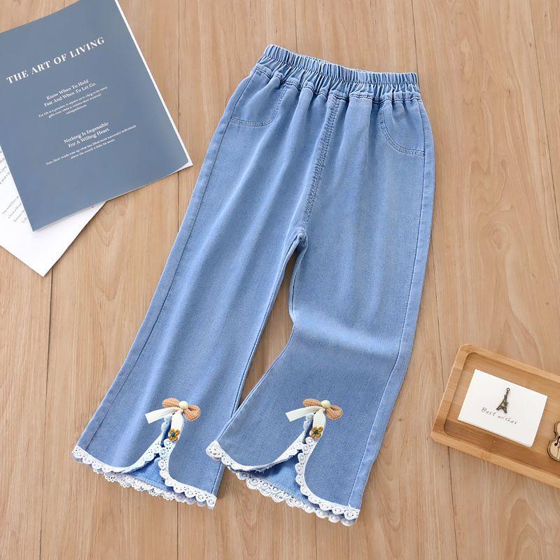 

Джинсы для девочек Повседневные брюки для девочек на весну и лето Детские расклешенные тонкие микрорасклешенные брюки 130