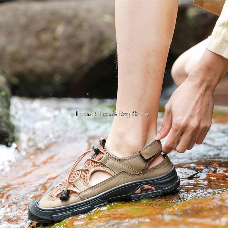 Fashion Breathable Men Sandal Hollow Mesh Summer Shoes New Men's Beach Shoes Casual Outdoor Baotou Fashion Flat Fishing Shoes Man Sandal