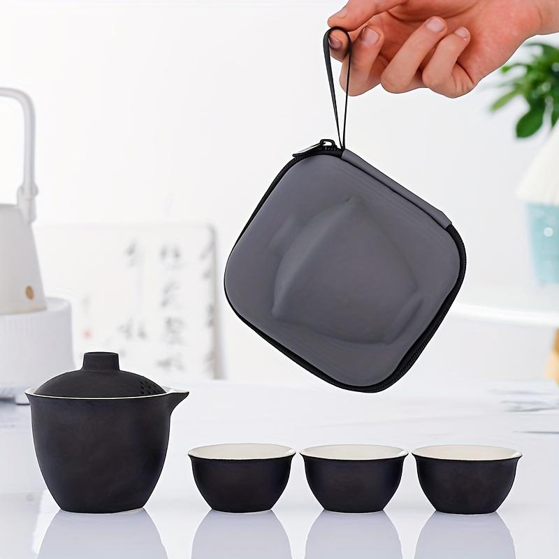 

1 комплект дорожного чайного сервиза, фарфоровый чайный сервиз, чайные сервизы кунг-фу с 1 чайником (с сетчатым фильтром) 4 чайные чашки, сумка для хранения канистр для чая, все в одном подарке для пикника Black Pottery